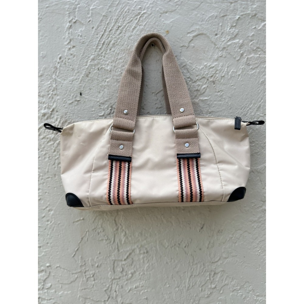 Victoria's Secret Cream Nylon Satchel Handbag Pink Black Striped Webbing Straps